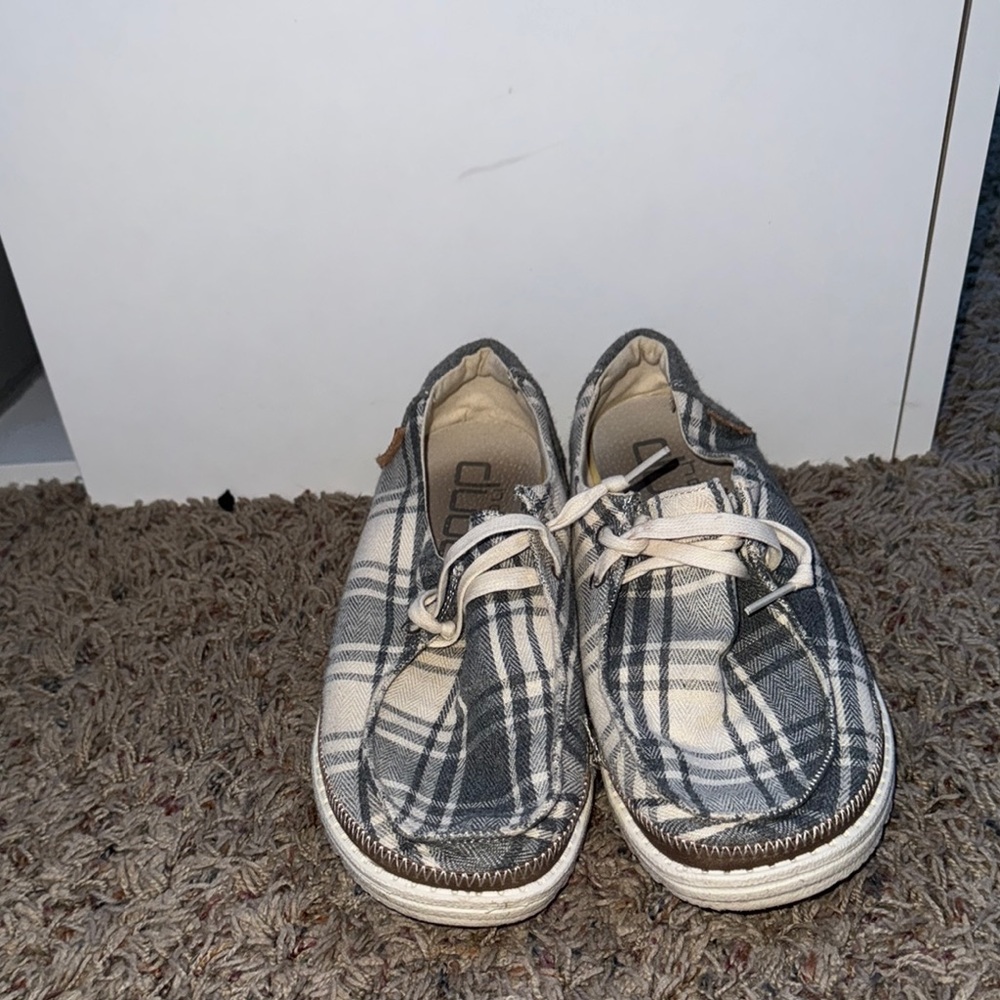 Hey Dude White and Blue Sneakers Comfortable Canvas Slip-Ons